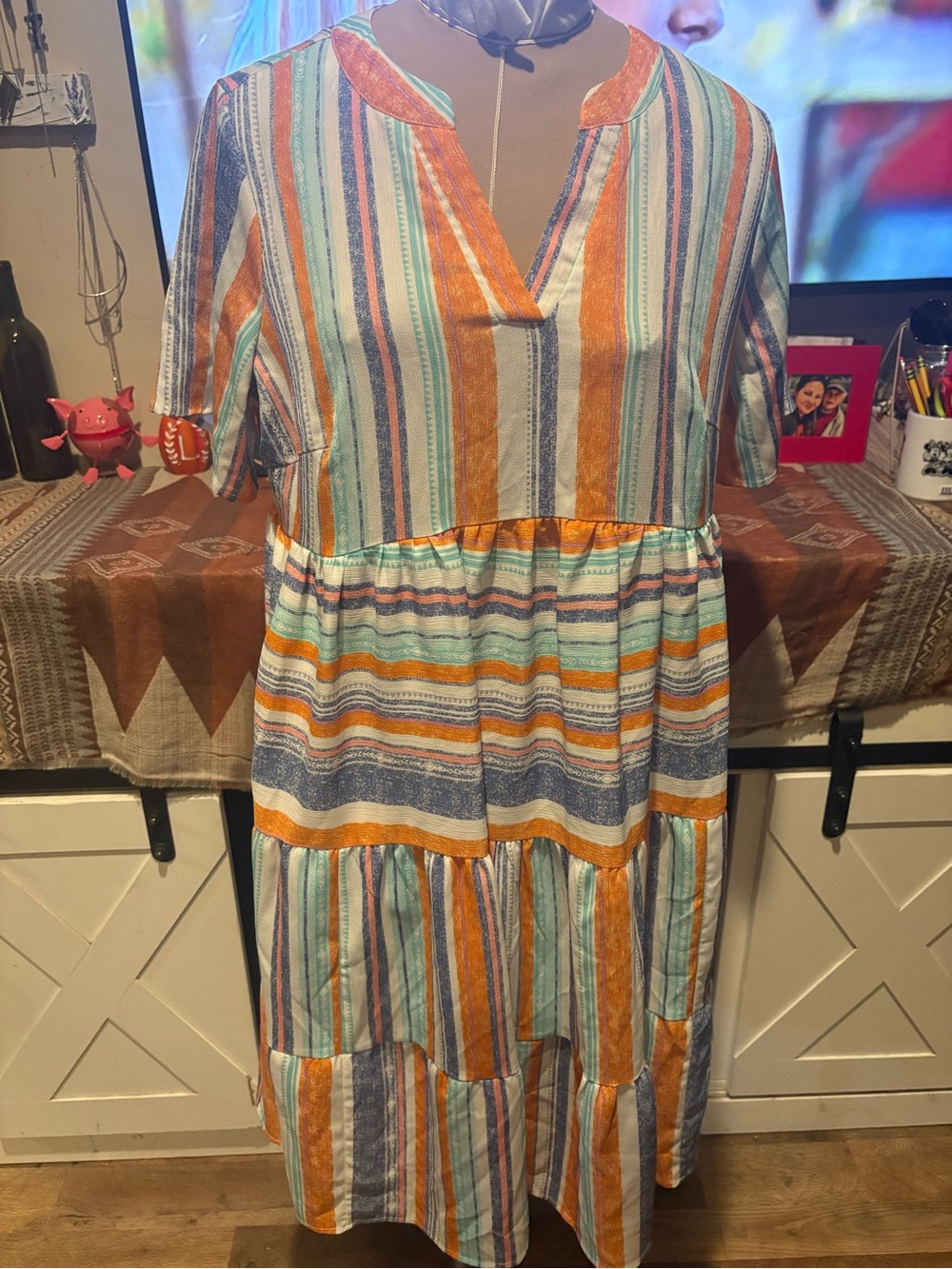 BloomChic Striped Tiered Midi Dress in Orange, Blue & Mint
